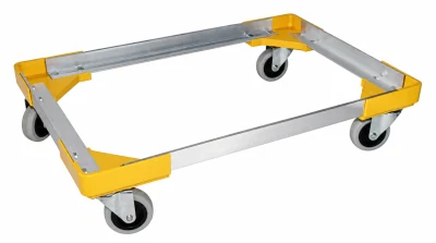 Container dolly with yellow corner supports and swivel casters