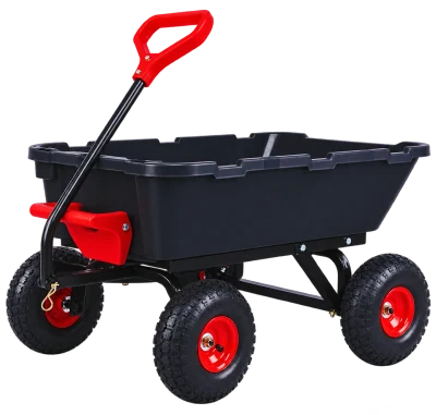 TC4270 compact poly garden dump cart with a dark tub, red handle and red wheel hubs