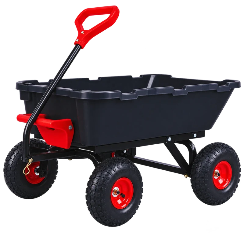 TC4270 compact poly garden dump cart with a dark tub, red handle and red wheel hubs