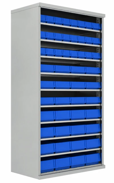 Parts bin cabinets shown in the industrial storage catalog