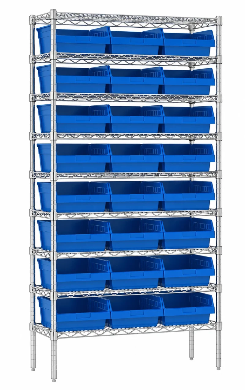 Wire shelving with bins shown in the industrial storage catalog
